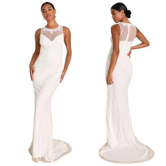 Lulus Modern Fairytale White Mesh Beaded Sequin Mermaid Maxi Dress Small NEW - Picture 16 of 16